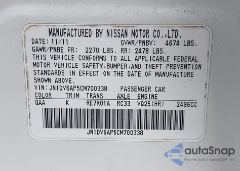 2012 Infiniti G25 Journey from USA, damaged, VIN JN1DV6AP5CM700338